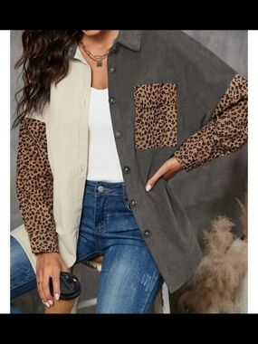 Colorblock Leopard Print Button-Up Shirt Jacket - Taupe/Beige